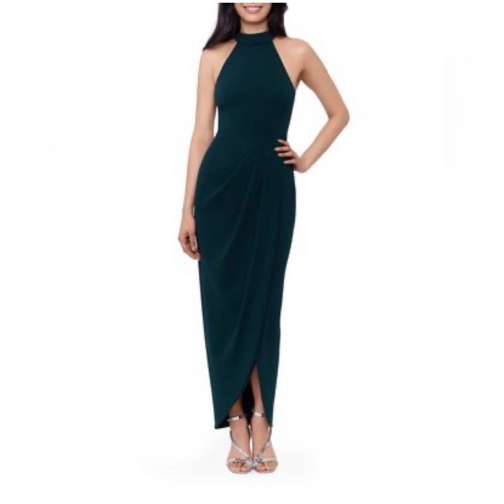 Xscape Sleeveless Halter Neck Crepe Wrap Gown In Pine Green Nwt - Reemoly